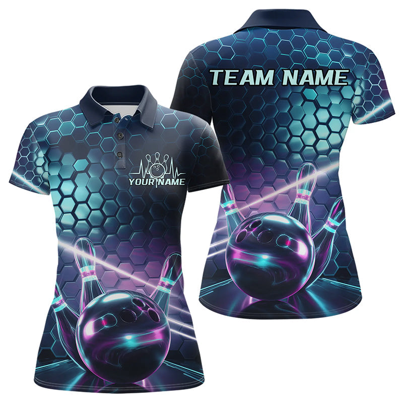 Custom Blue And Purple Holographic Bowling Team Polo Shirts For Women, Bowlers Outfit IPHW8901