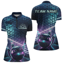 Load image into Gallery viewer, Custom Blue And Purple Holographic Bowling Team Quarter-Zip Shirt For Women, Bowlers Outfit IPHW8901