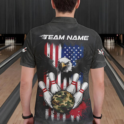 Custom Grunge US Flag Eagle Bowling Men Polo Shirts, Patriotic Camo Bowling Team Shirt IPHW8910
