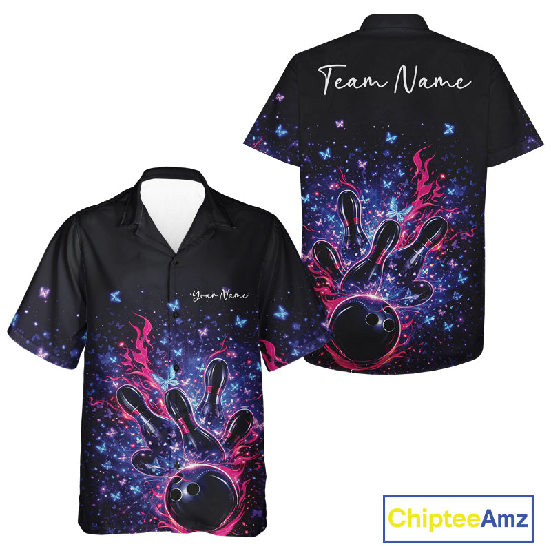 Front and back views of a colorful button-up bowling shirt featuring a flaming bowling ball striking pins with sparkling butterflies.