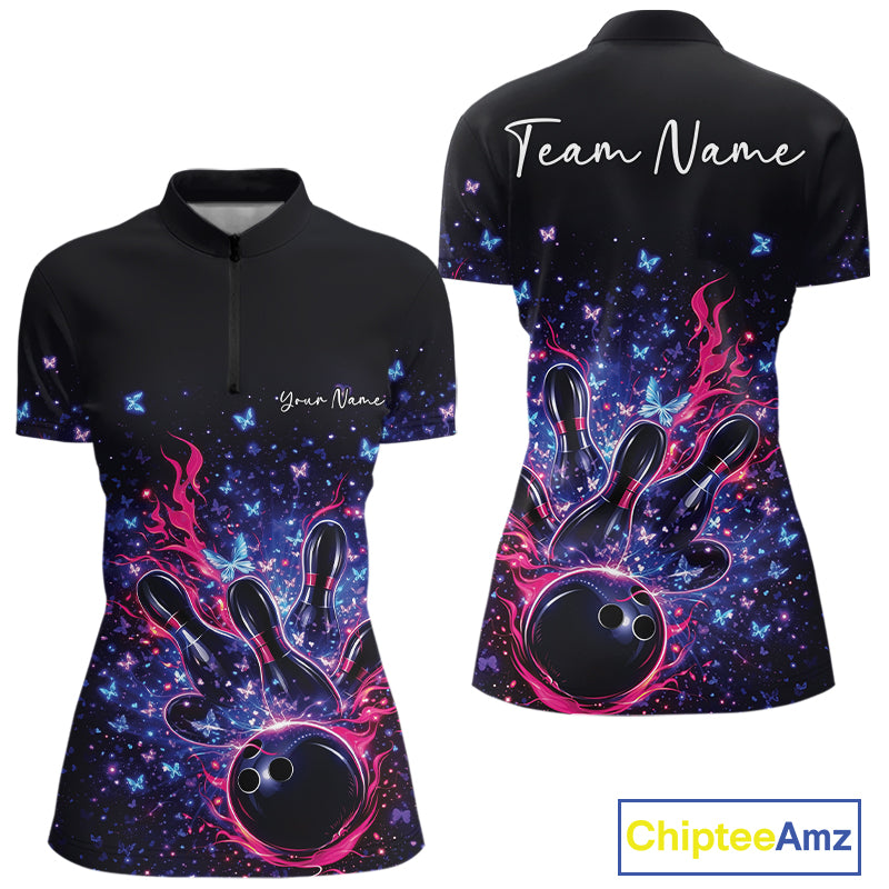 Front and back views of a colorful womens bowling quarter-zip shirt showcasing flaming bowling ball artwork and sparkling butterflies.