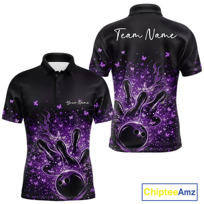 Front and back views of a black and purple mens bowling polo shirt featuring flaming strike artwork and sparkling butterflies.