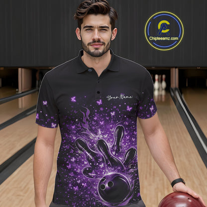 Male model in a black and purple bowling polo shirt at the bowling lane with flames and butterfly accents.