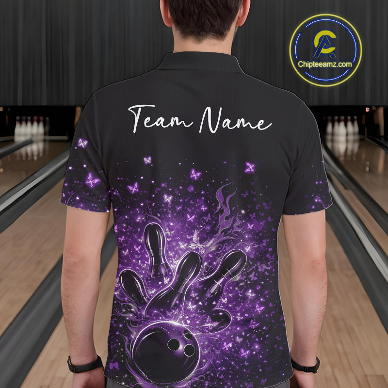 Back view of a male model wearing a black and purple bowling polo shirt with fiery bowling graphics.