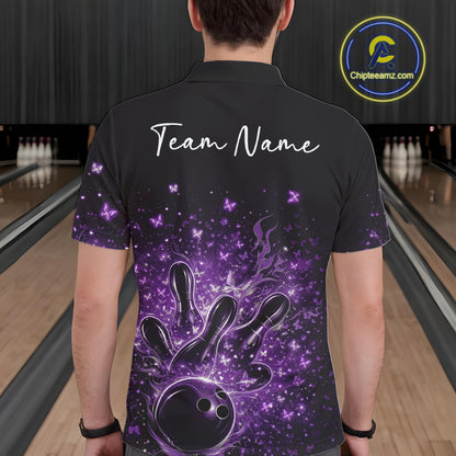 Back view of a male model wearing a black and purple bowling polo shirt with fiery bowling graphics.