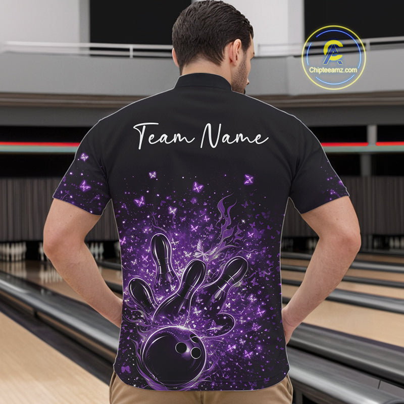 Front view of a male model wearing a black and purple bowling quarter-zip shirt with fiery bowling graphics.