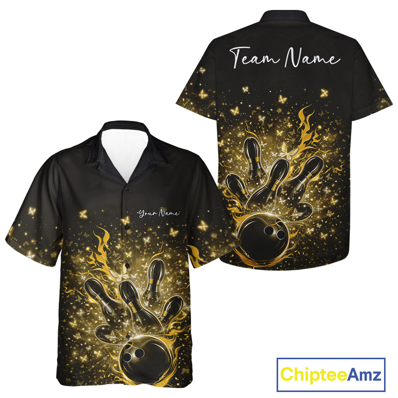 Front and back views of a black and yellow button-up bowling shirt with flaming bowling strike graphics and sparkling butterflies.