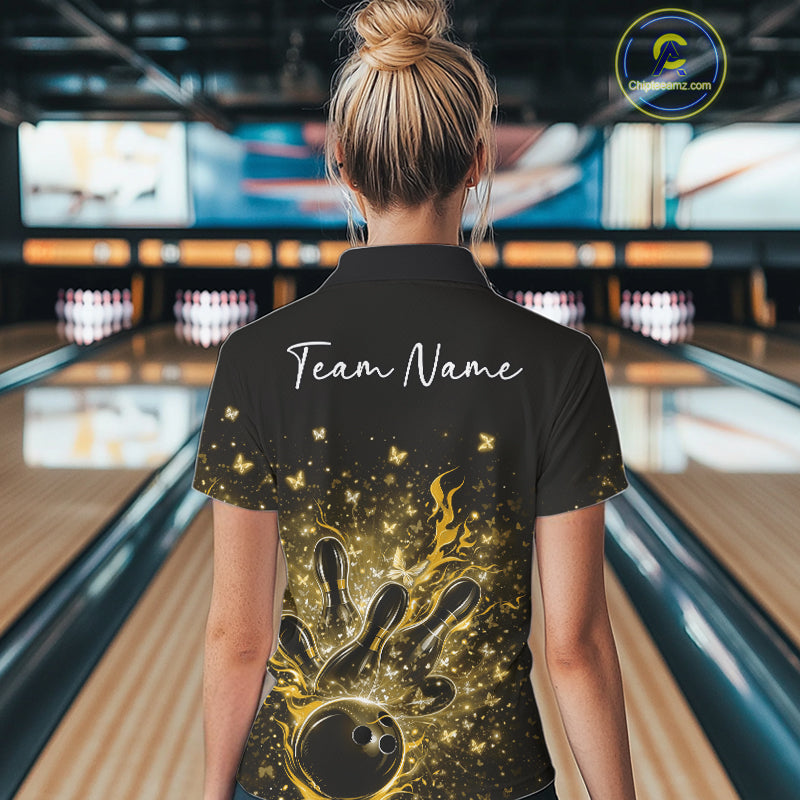 Back view of a female model wearing a black and yellow bowling polo shirt with sparkling butterfly bowling artwork.