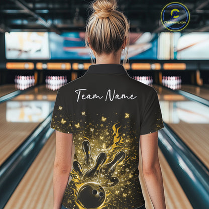 Back view of a female model wearing a black and yellow bowling polo shirt with sparkling butterfly bowling artwork.