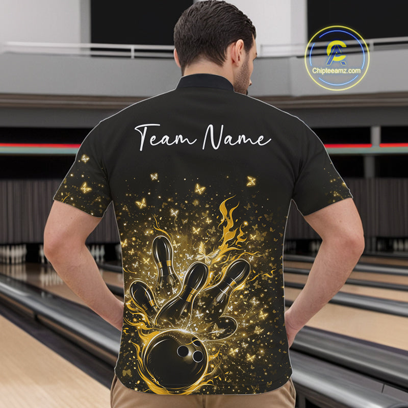 Front view of a male model in a black and yellow bowling quarter-zip shirt featuring sparkling butterfly accents.