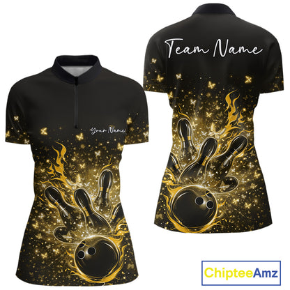 Front and back views of a womens black and yellow bowling quarter-zip shirt featuring a flaming bowling ball striking pins with sparkling butterflies.