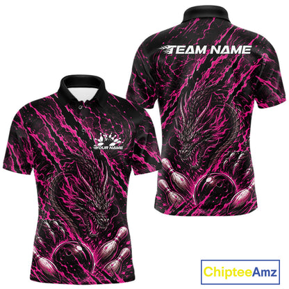 Custom pink dragon bowling shirt with vibrant lightning accents a fierce dragon and pins