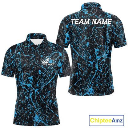 Custom black and electric blue splatter polo shirt mockup shown from front and back, featuring personalized â€œYour Nameâ€ text on the chest, large â€œTEAM NAMEâ€ lettering across the back