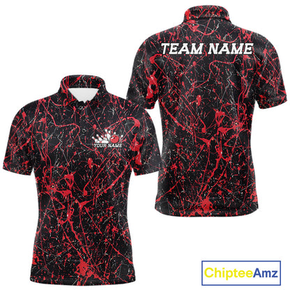Custom black and red splatter polo shirt mockup shown from front and back, featuring personalized â€œYour Nameâ€ text on the chest, large â€œTEAM NAMEâ€ lettering across the back