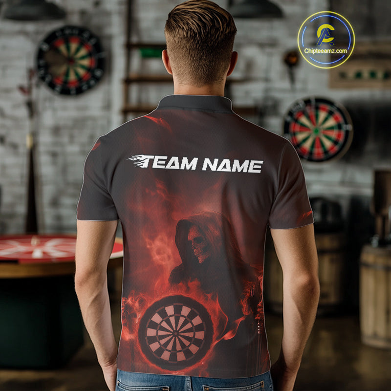 Custom Orange Flame Grim Reaper Skull Dart Men Polo Shirts, Halloween Dart Team Outfits IPHW10024