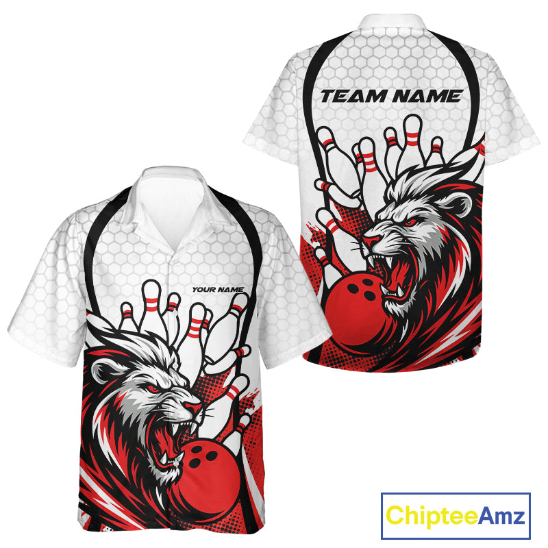 Custom Red Lion Bowling Men And Women Hawaiian Shirt, Lion Bowling Team League Shirt IPHW10124