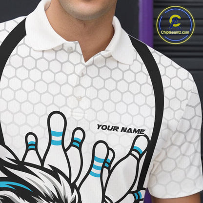 Custom Blue Lion Bowling Men Polo Shirt, Lion Bowling Team League Shirt IPHW10125