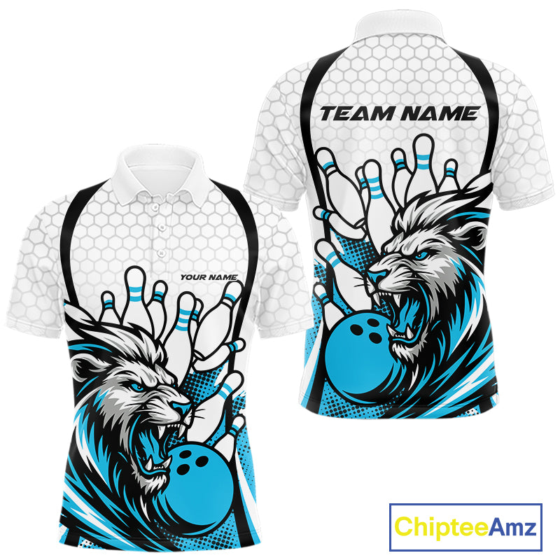Custom Blue Lion Bowling Men Polo Shirt, Lion Bowling Team League Shirt IPHW10125
