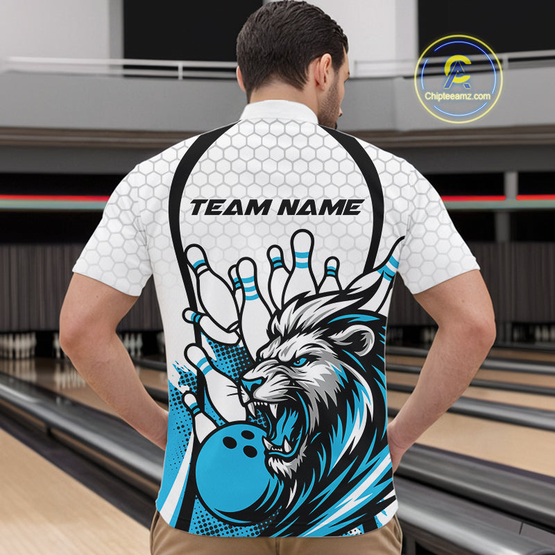 Custom Blue Lion Bowling Men Quarter-Zip Shirt, Lion Bowling Team League Shirt IPHW10125