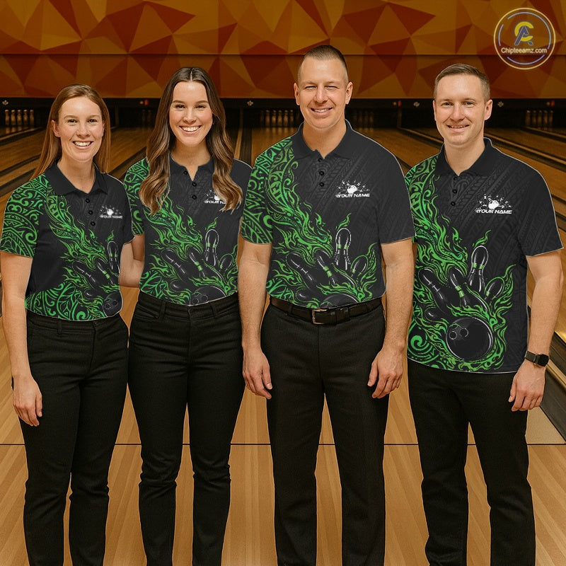 Custom Black And Green Tribal Flame Bowling Ball Bowling Team Shirts, Polynesian Bowling Tournament Shirt IPHW10504