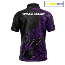 Load image into Gallery viewer, Custom Black And Purple Tribal Flame Bowling Ball Bowling Team Shirts, Polynesian Bowling Tournament Shirt IPHW10505