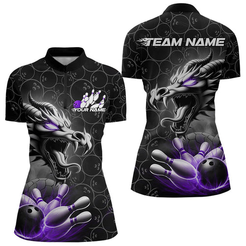 Custom Black And Purple Dragon Bowling Women Quarter-Zip Shirts, Dragon Bowler Outfit IPHW8917