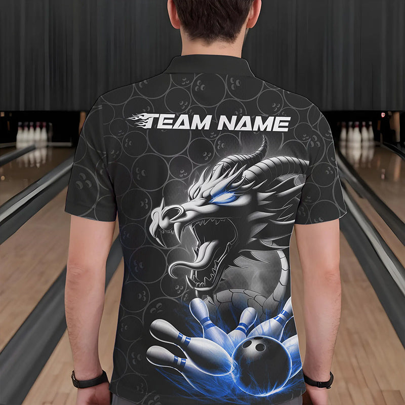 Custom Black And Blue Dragon Bowling Men Polo Shirts, Bowling Pattern Dragon Bowler Outfit IPHW8918