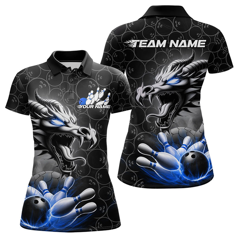 Custom Black And Blue Dragon Bowling Women Polo Shirt, Bowling Pattern Dragon Bowler Outfit IPHW8918