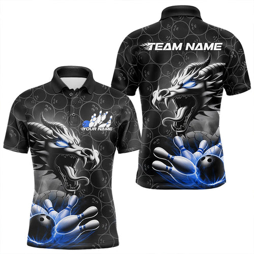 Custom Black And Blue Dragon Bowling Men Polo Shirts, Bowling Pattern Dragon Bowler Outfit IPHW8918