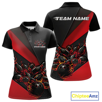 Front and back mockup of women’s black and red polo shirt featuring flame bowling ball striking pins in high-energy athletic apparel design.