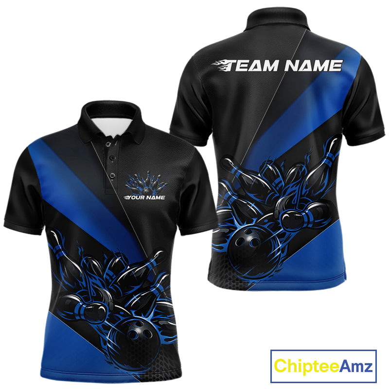 Front and back view mockup of a men’s black and blue polo shirt featuring a flame bowling ball striking pins in a clean, modern sports apparel design.
