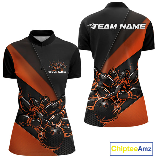 Womens quarter zip bowling shirt mockup, front and back view in black and orange featuring flaming bowling ball striking pins dynamic artwork