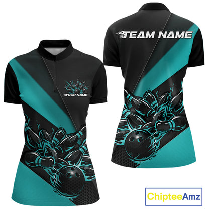 Womens quarter zip bowling shirt mockup, black and turquoise blue version with flaming bowling ball striking pins dynamic design