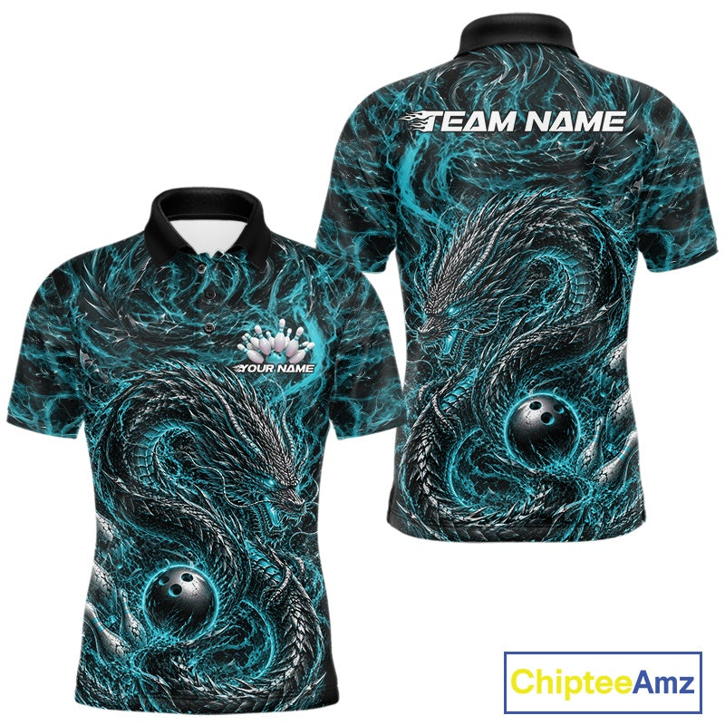 Custom sublimated bowling polo shirt with an cyan blue oriental dragon design wrapping around a bowling ball