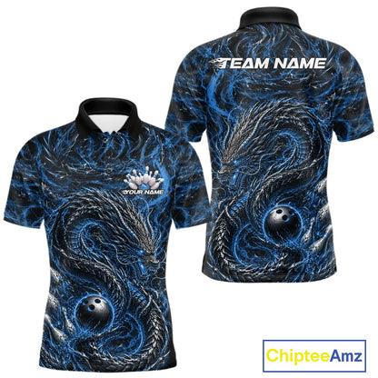 Custom sublimated bowling polo shirt with an mid blue oriental dragon design wrapping around a bowling ball