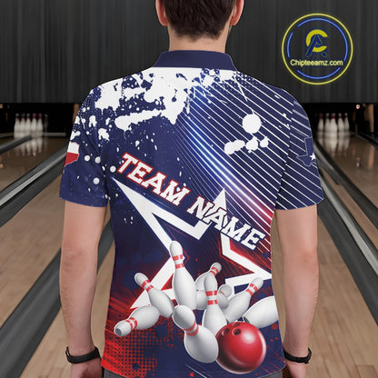 A man viewed from behind wearing a custom bowling-themed short-sleeve polo shirt. The shirt features a dark blue background with white paint splatters, diagonal white stripes, a large white star, bowling pins, and a red bowling ball, with the text 'TEAM NAME' printed across the back.