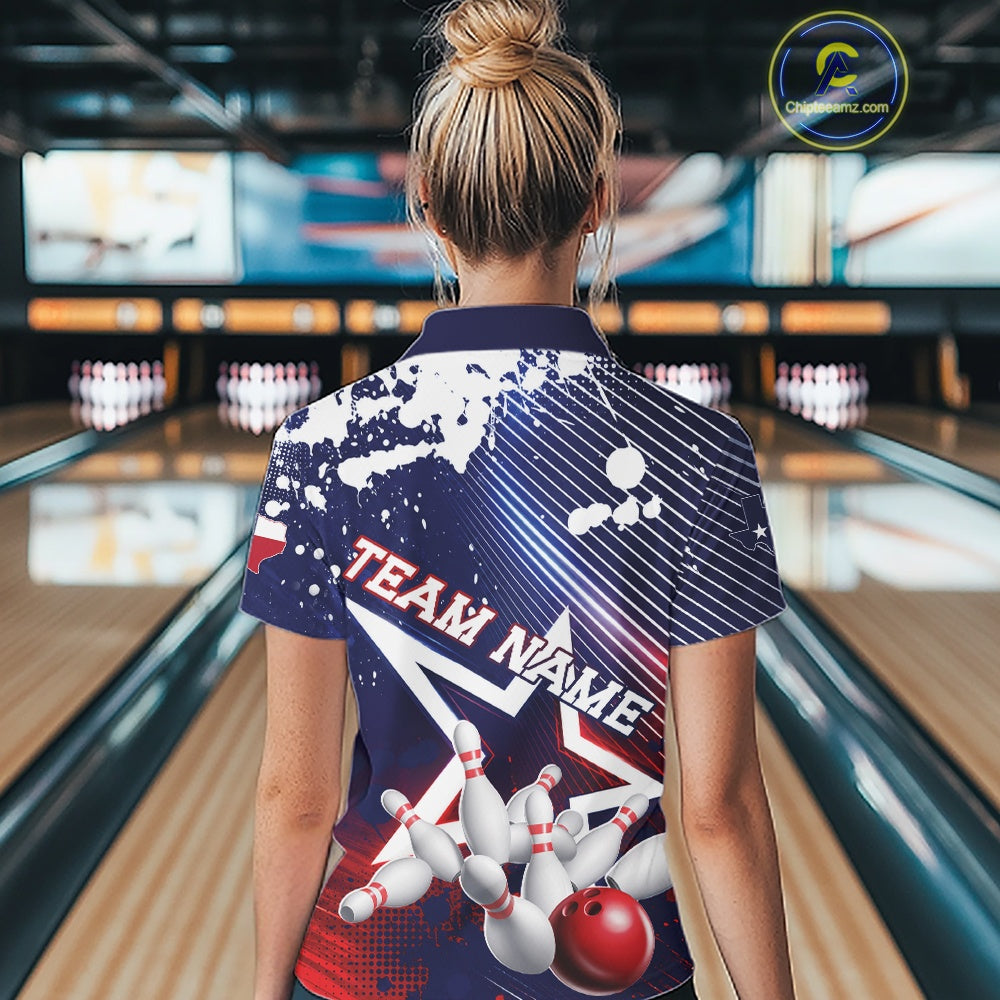 A woman viewed from behind wearing a bowling-themed short-sleeve polo shirt with a patriotic red, white, and blue graphic design. The shirt features the text 'TEAM NAME' and an illustration of bowling pins and a red bowling ball.