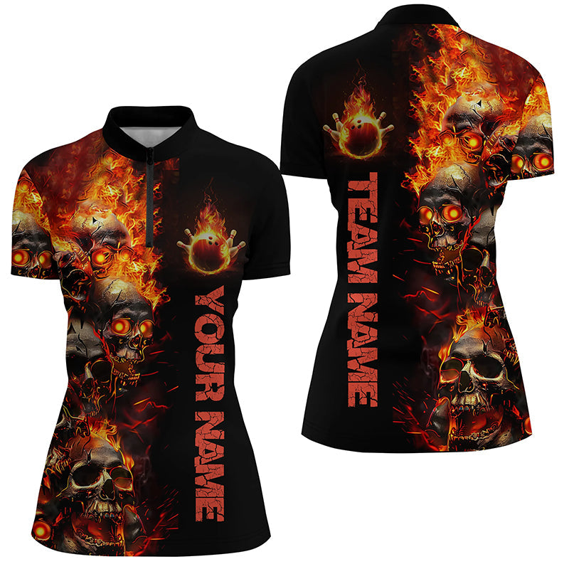 Custom Flame Skull Bowling Shirts For Women, Halloween Bowling Outfits For Bowling Team IPHW7169