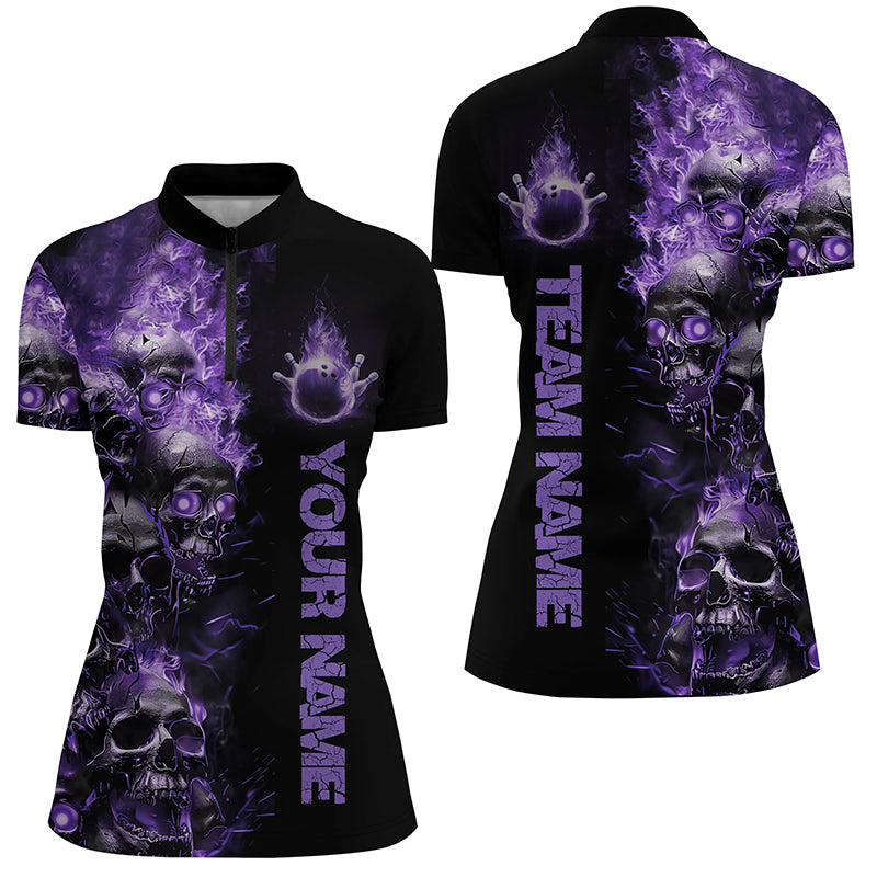 Custom Purple Flame Skull Ladies Bowling Shirts, Halloween Bowling Outfits For Bowling Team IPHW7171