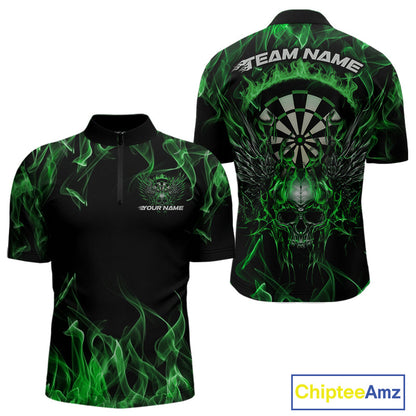 Custom Green Flame Skull With Wings Dart Quarter-Zip Shirt For Men, Halloween Dart Outfit IPHW10044