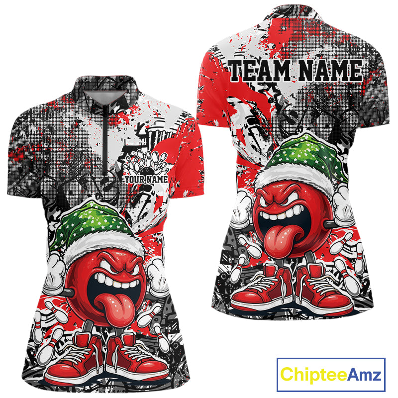 Custom Funny Christmas Bowling Women Quarter-Zip Shirts, Crazy Bowling Ball Xmas Outfit IPHW10129