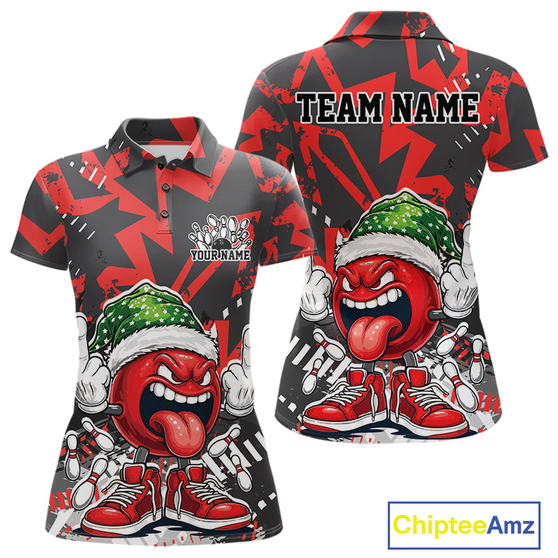 Custom Funny Christmas Bowling Women Polo Shirts, Crazy Bowling Ball Xmas Outfit IPHW10130