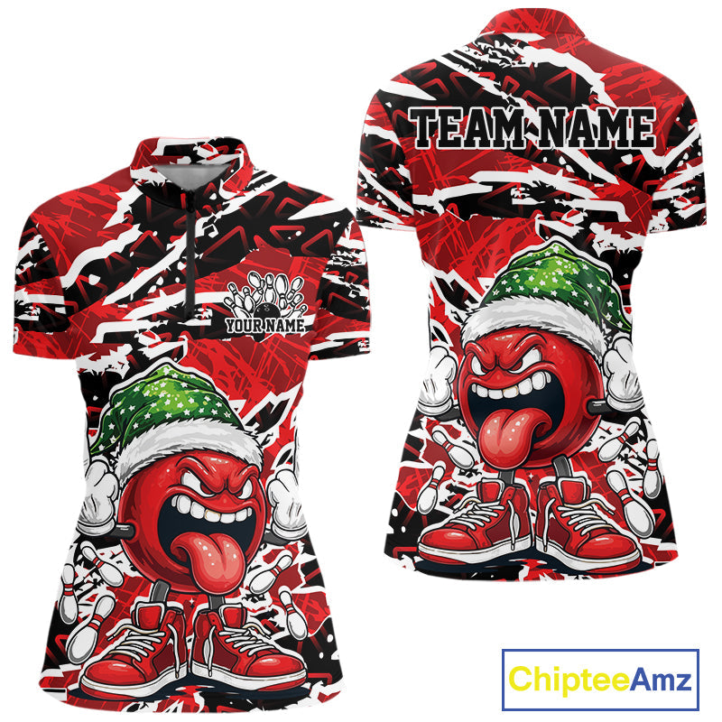 Custom Funny Christmas Bowling Women Quarter-Zip Shirts, Crazy Bowling Ball Xmas Outfit IPHW10131