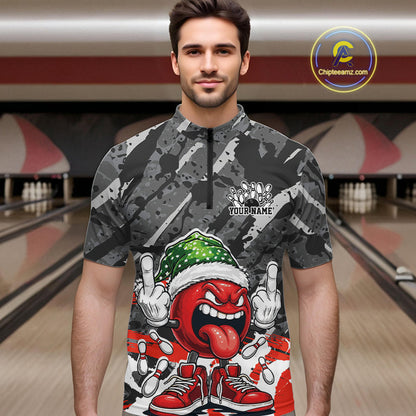 Custom Funny Christmas Bowling Men Quarter-Zip Shirts, Crazy Bowling Ball Xmas Outfit IPHW10134