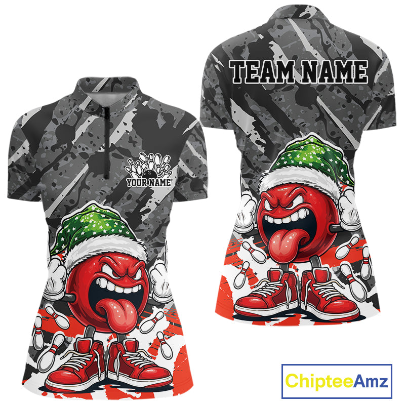 Custom Funny Christmas Bowling Women Quarter-Zip Shirts, Crazy Bowling Ball Xmas Outfit IPHW10134