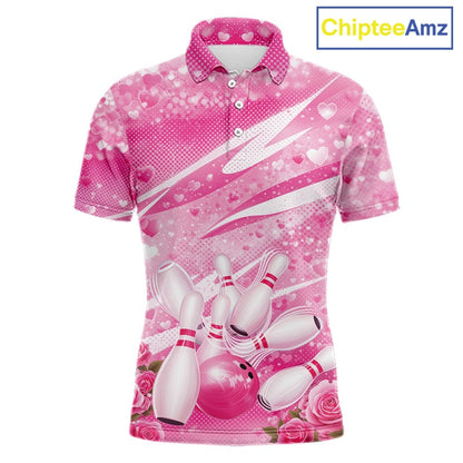 Custom Pink Heart Valentine Bowling Couples Shirt, Heart And Roses Bowling Husband And Wife Gifts With Name IPHW10516