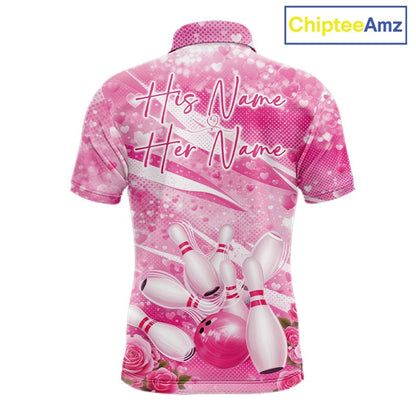 Custom Pink Heart Valentine Bowling Couples Shirt, Heart And Roses Bowling Husband And Wife Gifts With Name IPHW10516