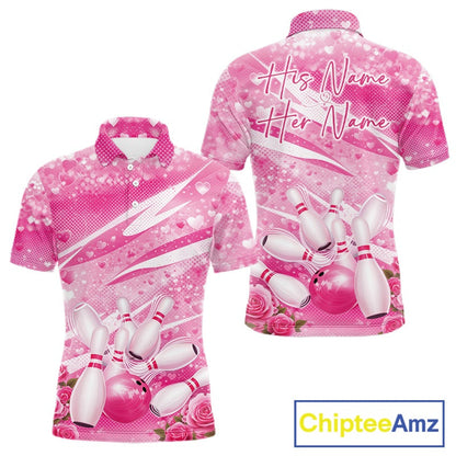 Custom Pink Heart Valentine Bowling Couples Shirt, Heart And Roses Bowling Husband And Wife Gifts With Name IPHW10516