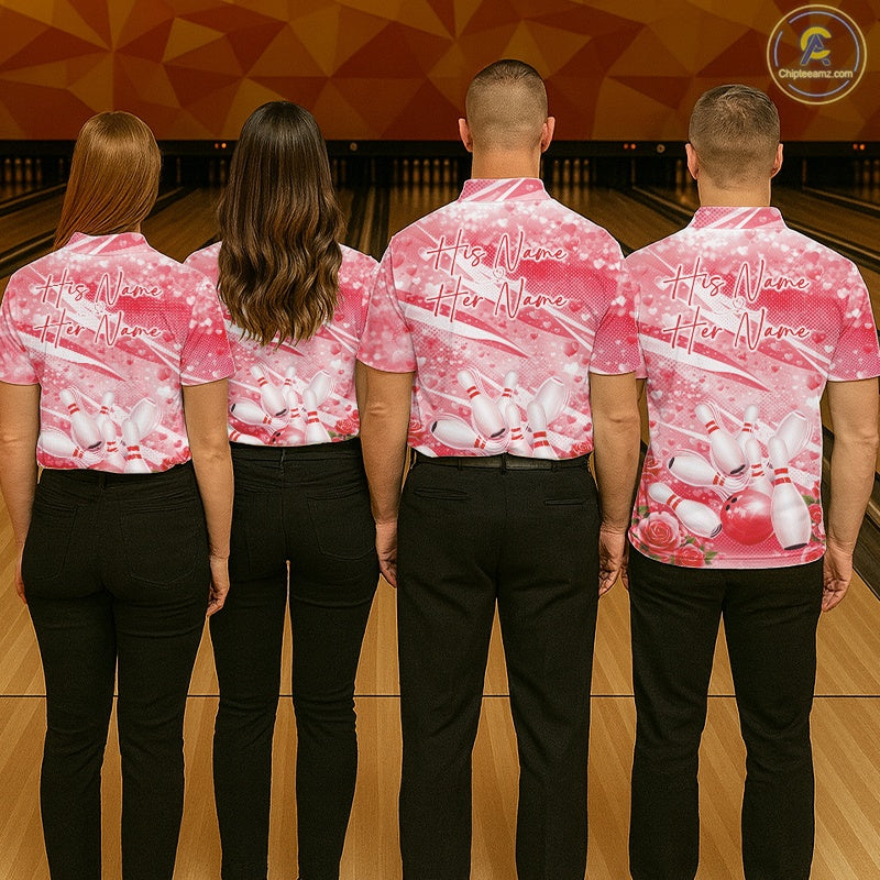Custom Red Heart Valentine Bowling Couples Shirt, Heart And Roses Bowling Husband And Wife Gifts With Name IPHW10517