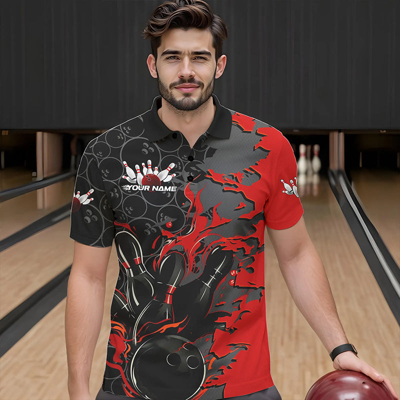 Custom Black And Red Flame Bowling Polo Shirts For Men, Bowling Tournament Team Uniform IPHW8616